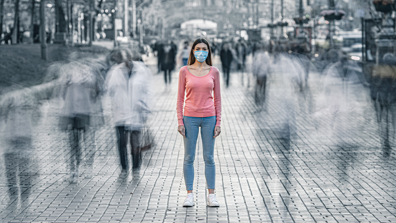 young woman, mask, colour, black _ white background, dramatic.jpg